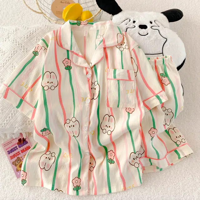 夏芬妍 柔软舒适条纹花朵萌兔云朵棉翻领开衫家居服亲肤休闲短袖短裤可外穿睡衣套装 女款 杏色