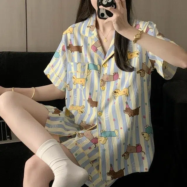 夏芬妍 柔软舒适星星条纹小狗云朵棉翻领开衫家居服亲肤休闲短袖三件套时尚可外穿睡衣套装 女款