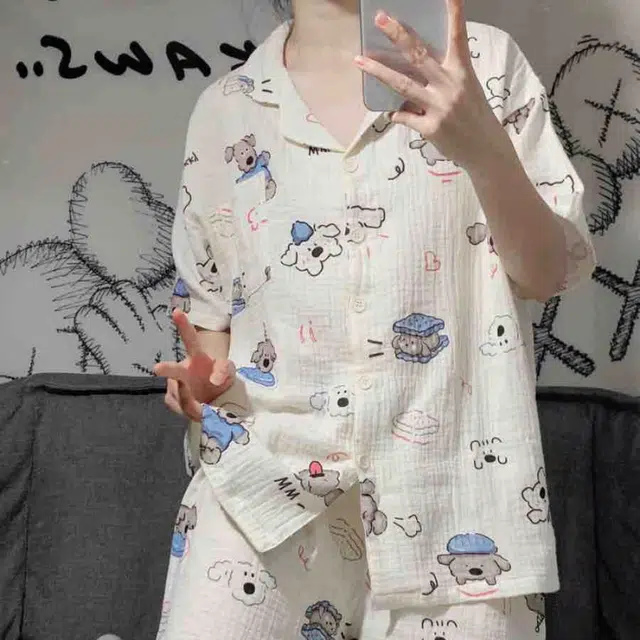 夏芬妍 甜美休闲舒适时尚萌趣小狗双层棉纱翻领家居服亲肤宽松短袖短裤可外穿睡衣套装 女款 杏色