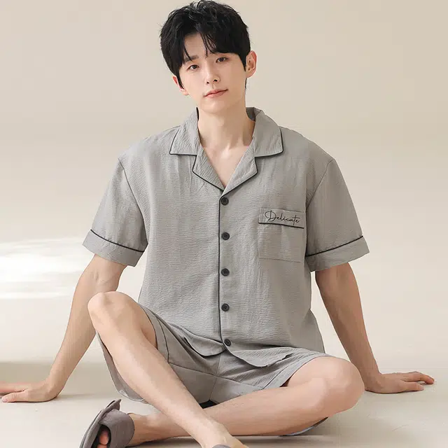 夏芬妍 简约舒适柔软纯色云朵棉翻领开衫家居服亲肤休闲短袖短裤时尚可外穿睡衣套装 男款 灰色