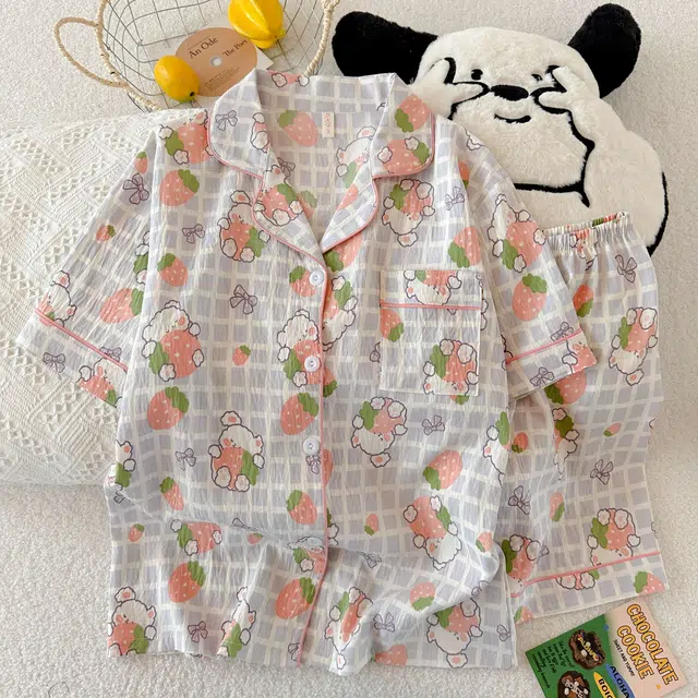 夏芬妍 柔软舒适格子草莓兔云朵棉翻领开衫家居服亲肤休闲短袖短裤休闲可外穿睡衣套装 女款