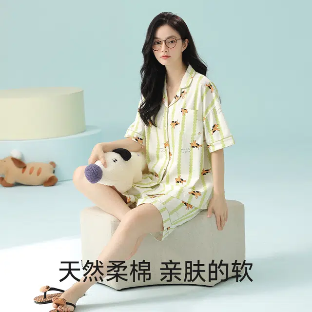 夏芬妍 柔软舒适透气亲肤条纹翻领家居服休闲短袖时尚可外穿睡衣套装 女款 绿色