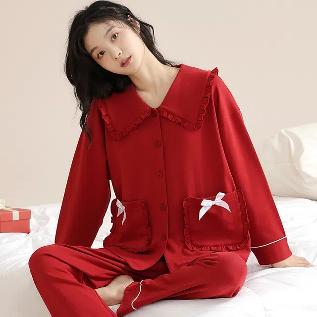夏芬妍 亲肤舒适蝴蝶结贴袋花边拼接公主领纯棉家居服简约休闲长袖长裤可外穿喜庆本命年睡衣套装 女款 红色