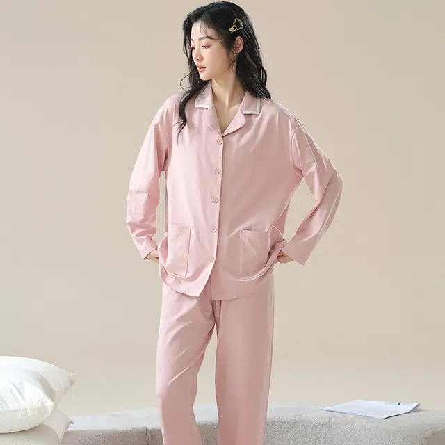 夏芬妍 时尚休闲舒适纯色贴袋翻领家居服亲肤宽松长袖长裤可外穿春秋款睡衣套装 女款 藕粉色