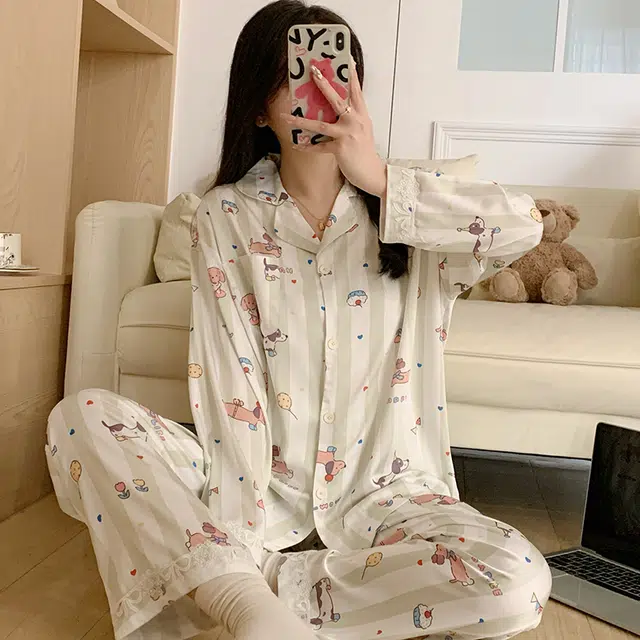 夏芬妍 甜美休闲舒适条纹派对小狗冰丝家居服亲肤宽松长袖长裤时尚可外穿睡衣套装 女款