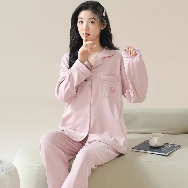 夏芬妍 时尚休闲舒适纯色贴袋翻领家居服亲肤宽松长袖长裤可外穿春秋款睡衣套装 女款 粉色