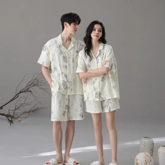 夏芬妍 简约轻盈柔软舒适水墨晕染翻领婴儿棉双层纱家居服休闲亲肤宽松短袖短裤可外穿睡衣套装 男女同款