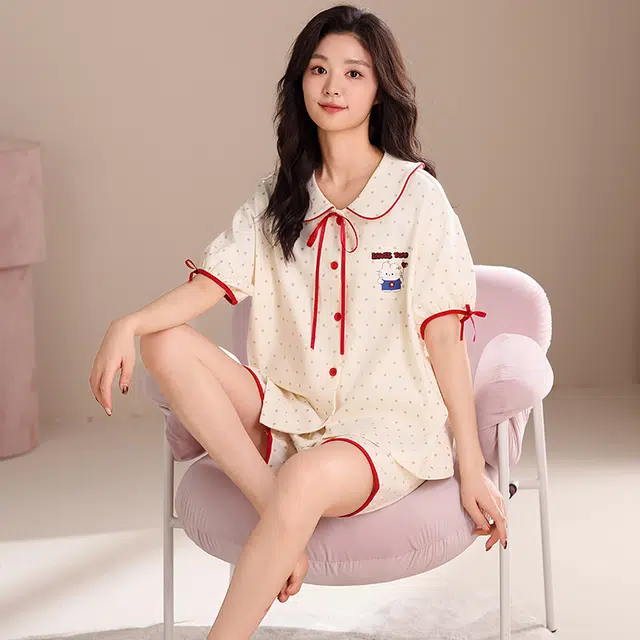 夏芬妍 甜美可爱波点爱心小兔舒适亲肤宽松短袖短裤时尚翻领可外穿家居服睡衣套装 女款 杏色