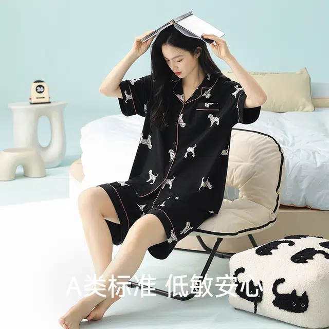 夏芬妍 柔软舒适透气亲肤可爱斑点狗家居服休闲凉感时尚可外穿睡衣套装 女款 黑色