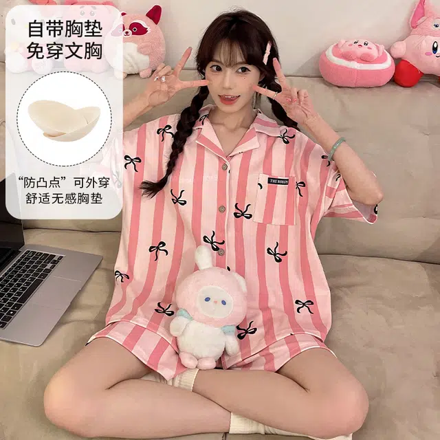 夏芬妍 柔软舒适条纹蝴蝶结翻领开衫家居服亲肤短袖短裤休闲带胸垫可外穿睡衣套装 女款