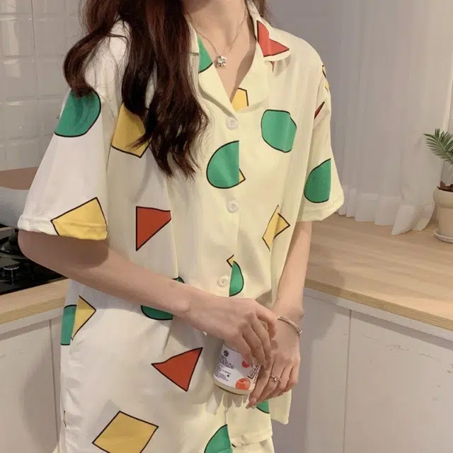 夏芬妍 简约舒适卡通几何图案翻领家居服亲肤宽松休闲短袖短裤长裤三件套可外穿睡衣套装 女款 杏黄色