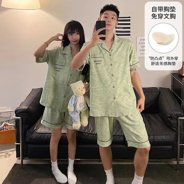 夏芬妍 柔软舒适休闲翻领开衫短袖亲肤时尚可外穿家居服睡衣套装 男女同款