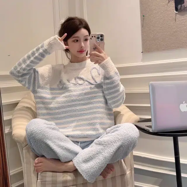 夏芬妍 简约甜美柔软亲肤爱心英文条纹半边绒加绒加厚蓄温保暖长袖长裤可外穿睡衣套装 女款 蓝色
