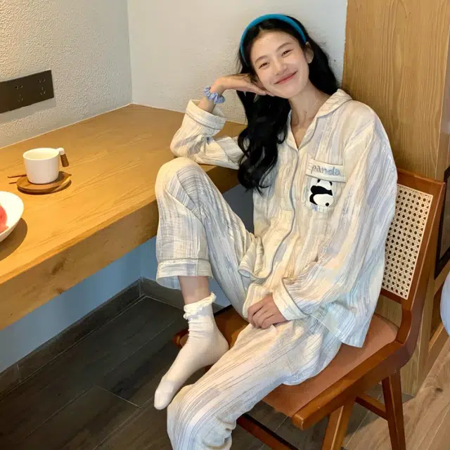 夏芬妍 柔软舒适条纹熊猫云朵棉开衫家居服亲肤休闲长袖长裤可外穿春秋款睡衣套装 女款 杏色
