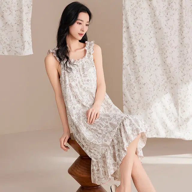 夏芬妍 甜美公主风碎花吊带云朵棉睡衣家居服简约休闲带胸垫可外穿夏季睡裙 女款