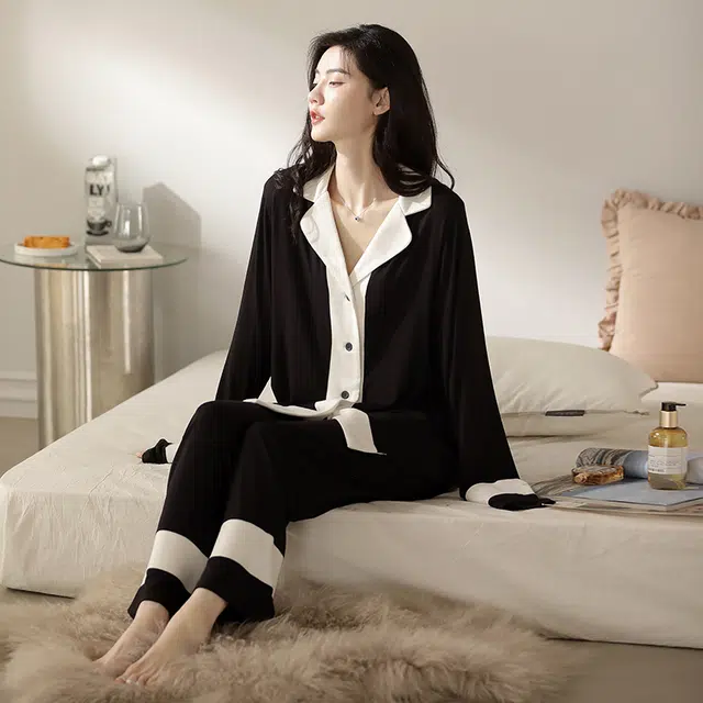 夏芬妍 简约高级感开衫家居服保暖蓄温可外穿长袖长裤睡衣套装 女款 黑色
