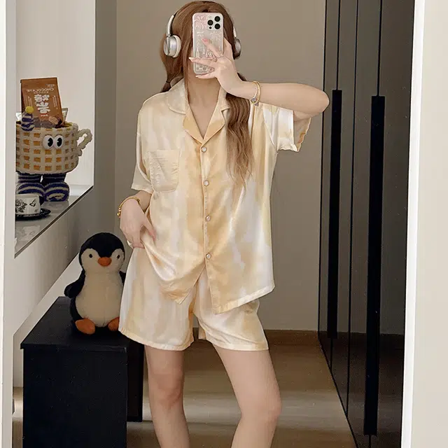 夏芬妍 休闲舒适高级感晕染冰丝翻领家居服亲肤宽松短袖短裤长裤时尚可外穿夏季睡衣套装 女款