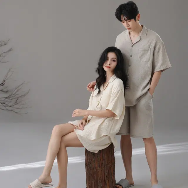 夏芬妍 简约轻盈柔软舒适纯色翻领家居服休闲亲肤短袖可外穿睡衣套装 男女同款
