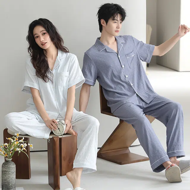夏芬妍 柔软舒适纯色云朵棉时尚翻领开衫家居服休闲亲肤可外穿短袖长裤睡衣套装 男女同款