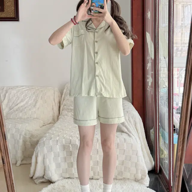 夏芬妍 简约休闲舒适时尚纯色纯棉翻领家居服亲肤宽松短袖短裤可外穿睡衣套装 女款