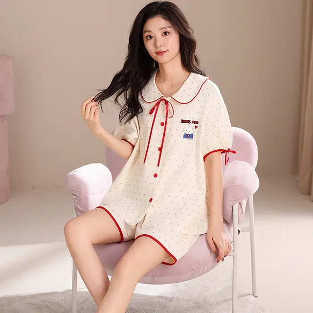 夏芬妍 甜美可爱波点爱心小兔舒适亲肤宽松短袖短裤时尚翻领可外穿家居服睡衣套装 女款 杏色