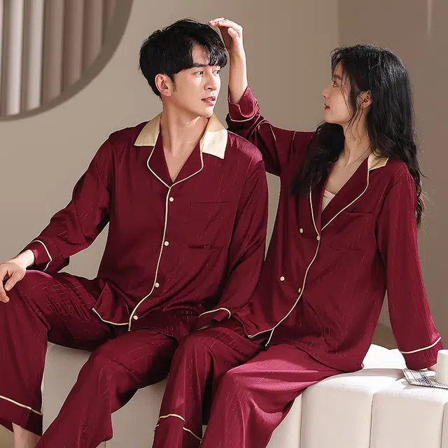 夏芬妍 大红喜庆系列  舒适丝滑柔软结婚本命年翻领丝绸冰丝家居服休闲长袖短袖长裤可外穿睡衣套装 男女同款