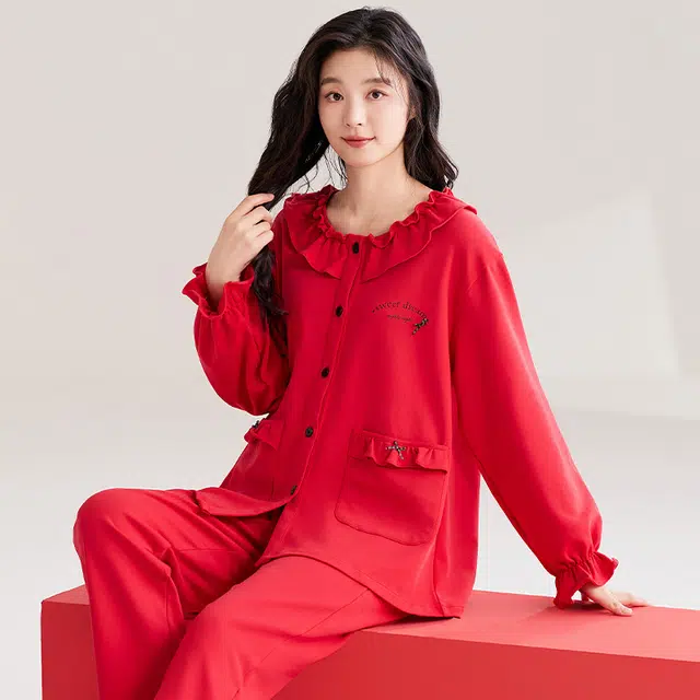 夏芬妍 亲肤舒适花边拼接纯棉家居服简约休闲长袖长裤可外穿喜庆本命年睡衣套装 女款 红色