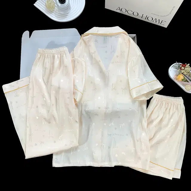夏芬妍 简约休闲高级感蝴蝶结冰丝翻领带胸垫家居服舒适亲肤宽松短袖三件套可外穿睡衣套装 女款 杏色