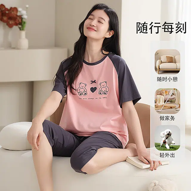 夏芬妍 时尚柔软亲肤圆领家居服简约休闲舒适短袖七分裤可外穿睡衣套装 女款 深灰色