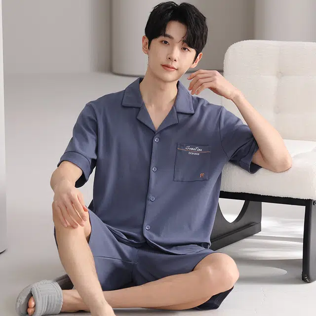夏芬妍 简约舒适纯色纯棉翻领家居服亲肤宽松休闲短袖短裤长裤三件套时尚可外穿睡衣套装 男款 黛蓝色