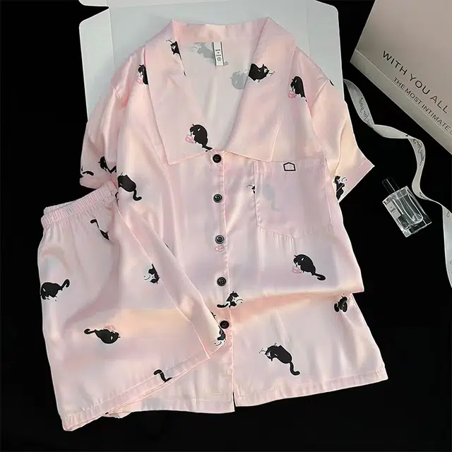 夏芬妍 甜美可爱卡通小黑猫冰丝翻领短袖短裤家居服柔软舒适休闲可外穿夏季睡衣套装 女款