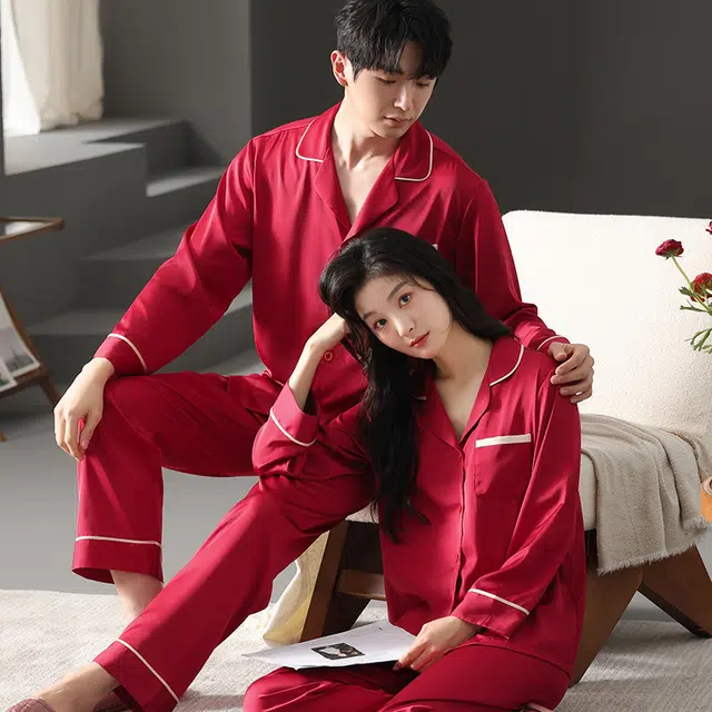 夏芬妍 大红喜庆系列  柔软舒适丝滑结婚本命年翻领冰丝家居服休闲长袖长裤短袖短裤可外穿睡衣套装 男女同款