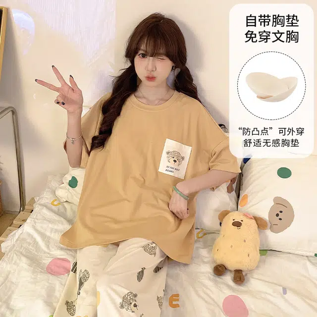 夏芬妍 柔软舒适休闲爱心小熊圆领带胸垫短袖长裤时尚可外穿家居服睡衣套装 女款 黄色
