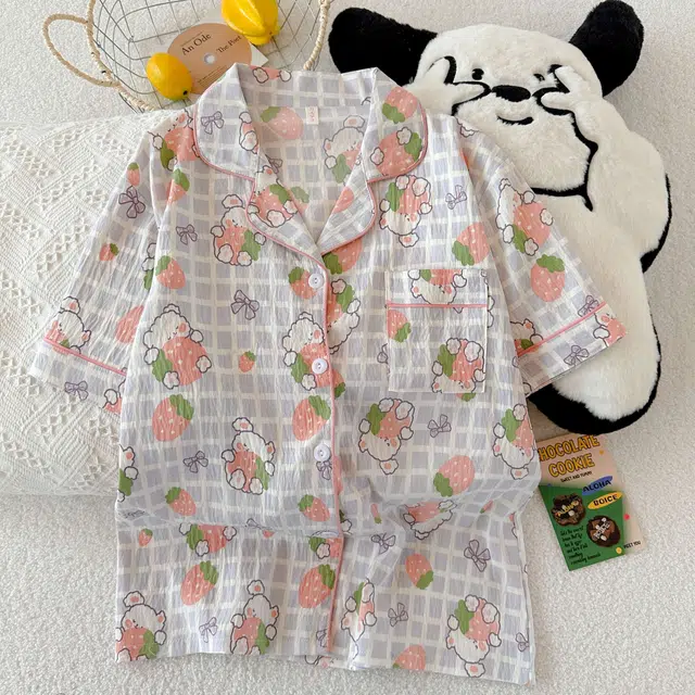 夏芬妍 柔软舒适格子草莓兔云朵棉翻领开衫家居服亲肤休闲短袖短裤休闲可外穿睡衣套装 女款