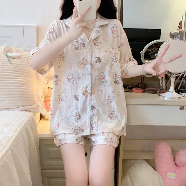夏芬妍 柔软舒适可爱小猫咪云朵棉翻领开衫家居服亲肤休闲短袖短裤可外穿睡衣套装 女款 杏色