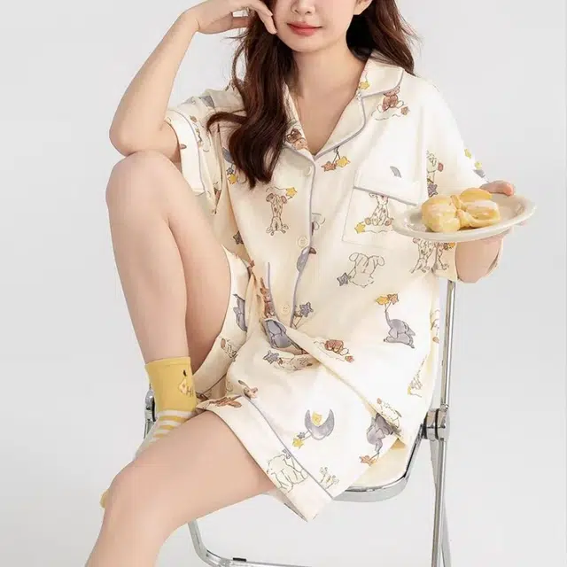 夏芬妍 甜美休闲舒适时尚动物派对纯棉翻领家居服亲肤宽松短袖短裤可外穿睡衣套装 女款 杏色