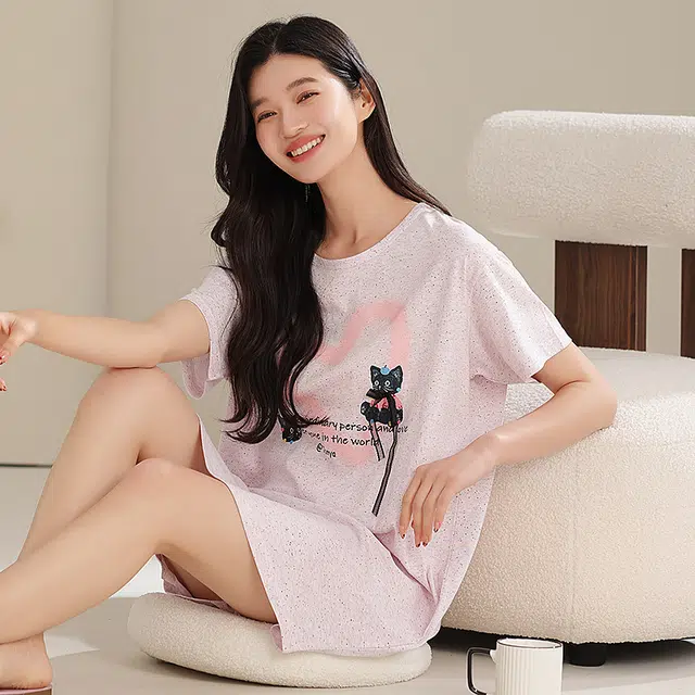 夏芬妍 时尚柔软亲肤爱心小猫圆领家居服简约休闲舒适短袖睡衣可外穿睡裙 女款 浅粉色