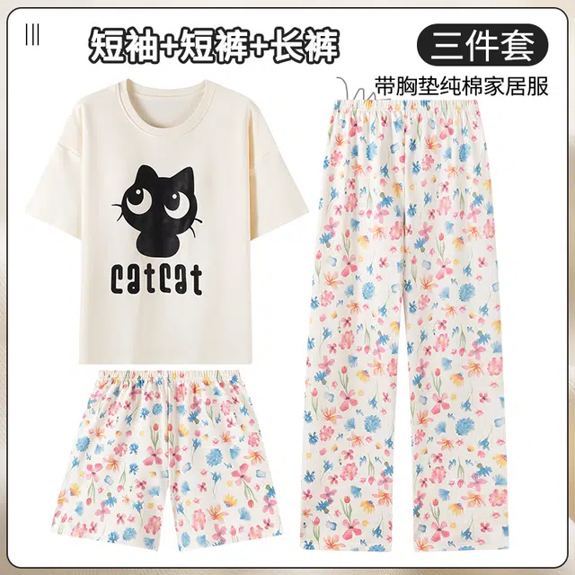 夏芬妍 亲肤舒适缤纷小猫纯棉圆领带胸垫家居服柔软休闲短袖三件套时尚可外穿睡衣套装 女款