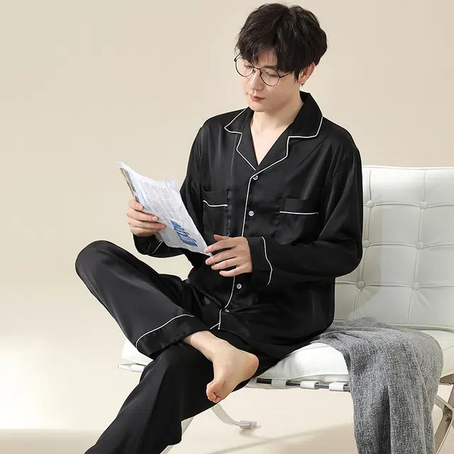 夏芬妍 简约休闲高级感纯色冰丝家居服舒适亲肤宽松长袖长裤可外穿睡衣套装 男女同款 优雅黑