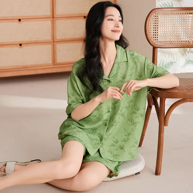 夏芬妍 甜美可爱印花云朵棉舒适亲肤休闲凉感短袖短裤时尚开衫可外穿家居服睡衣套装 女款 绿色