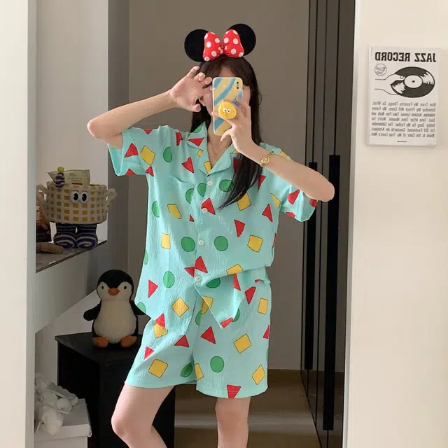 夏芬妍 可爱卡通几何图形翻领云朵棉短袖短裤家居服柔软舒适休闲可外穿夏季睡衣套装 女款