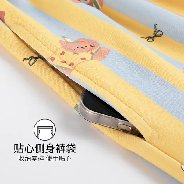 夏芬妍 亲肤舒适条纹蛋糕小猫纯棉圆领带胸垫家居服柔软休闲短袖三件套时尚可外穿 睡衣套装 女款