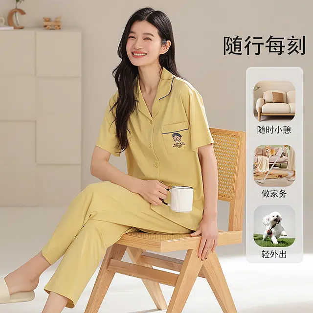 夏芬妍 时尚柔软亲肤戴帽小熊翻领开衫家居服简约休闲舒适短袖长裤可外穿睡衣套装 女款 杏黄色