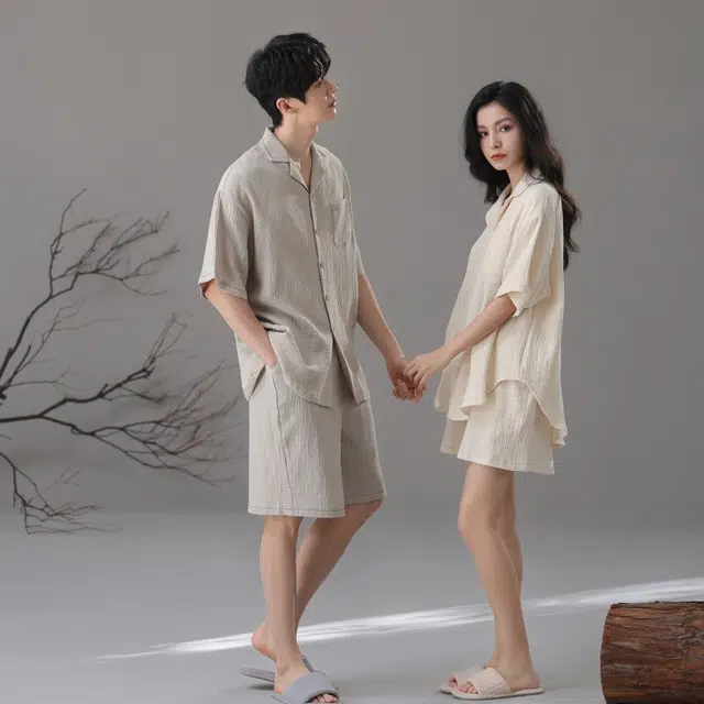 夏芬妍 简约轻盈柔软舒适纯色翻领家居服休闲亲肤短袖可外穿睡衣套装 男女同款