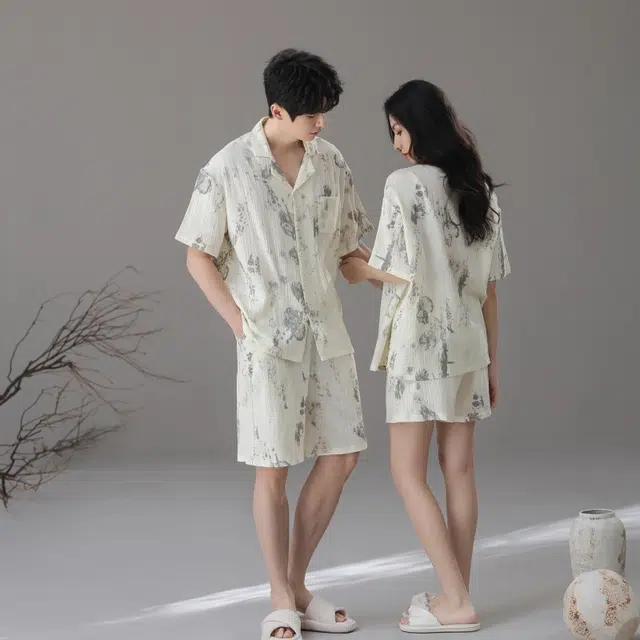 夏芬妍 简约轻盈柔软舒适水墨晕染翻领婴儿棉双层纱家居服休闲亲肤宽松短袖短裤可外穿睡衣套装 男女同款