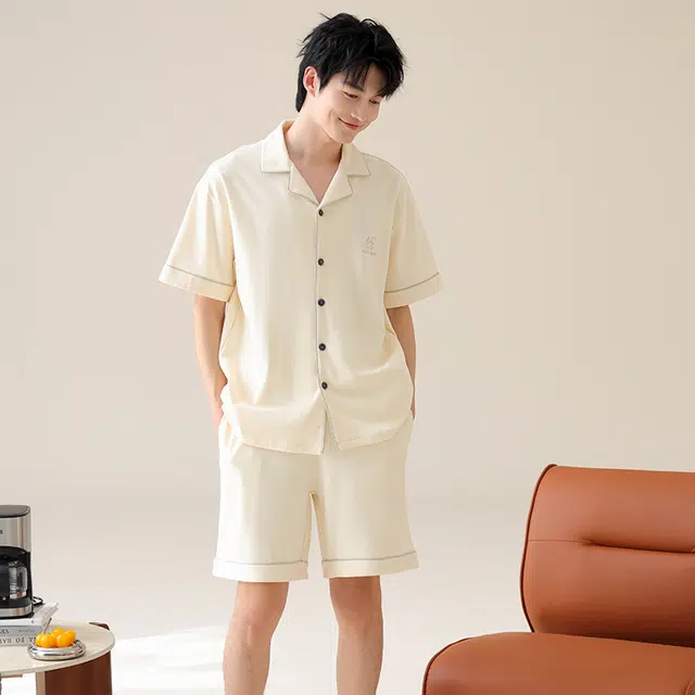 夏芬妍 简约舒适柔软高级感纯色纯棉翻领开衫家居服亲肤休闲短袖短裤时尚可外穿睡衣套装 男款 杏色