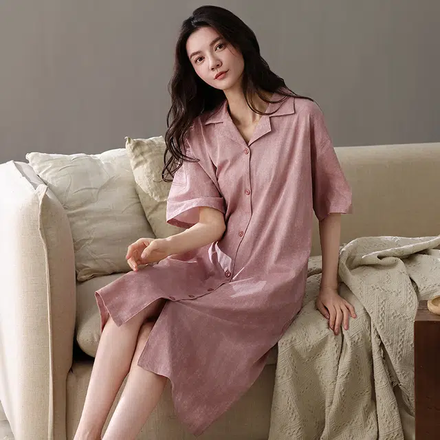 夏芬妍 简约亲肤开衫舒适休闲翻领时尚短袖睡裙 女款 粉色