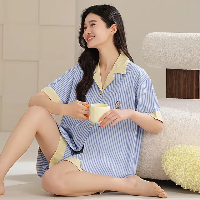 夏芬妍 时尚柔软亲肤时尚条纹翻领开衫家居服简约休闲舒适睡衣套装 女款 蓝色