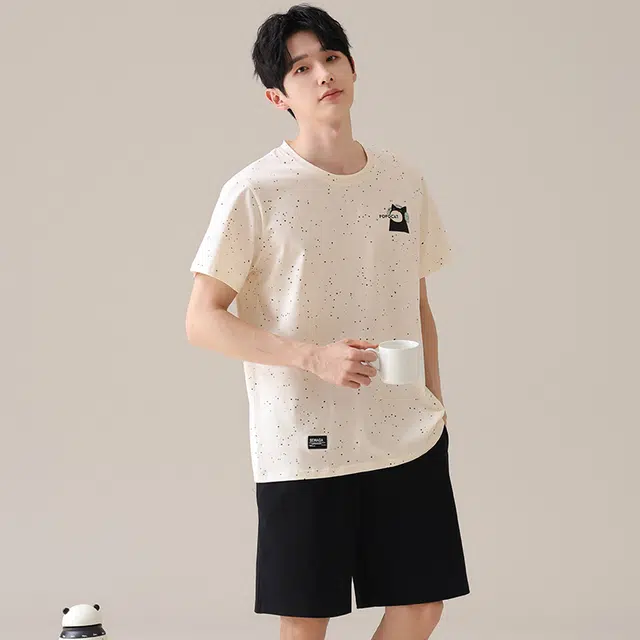 夏芬妍 柔软舒适卡通音乐猫圆领家居服亲肤休闲短袖短裤时尚可外穿夏季睡衣套装 男款