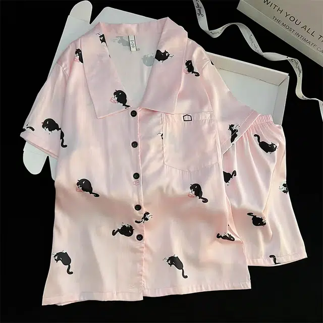 夏芬妍 甜美可爱卡通小黑猫冰丝翻领短袖短裤家居服柔软舒适休闲可外穿夏季睡衣套装 女款